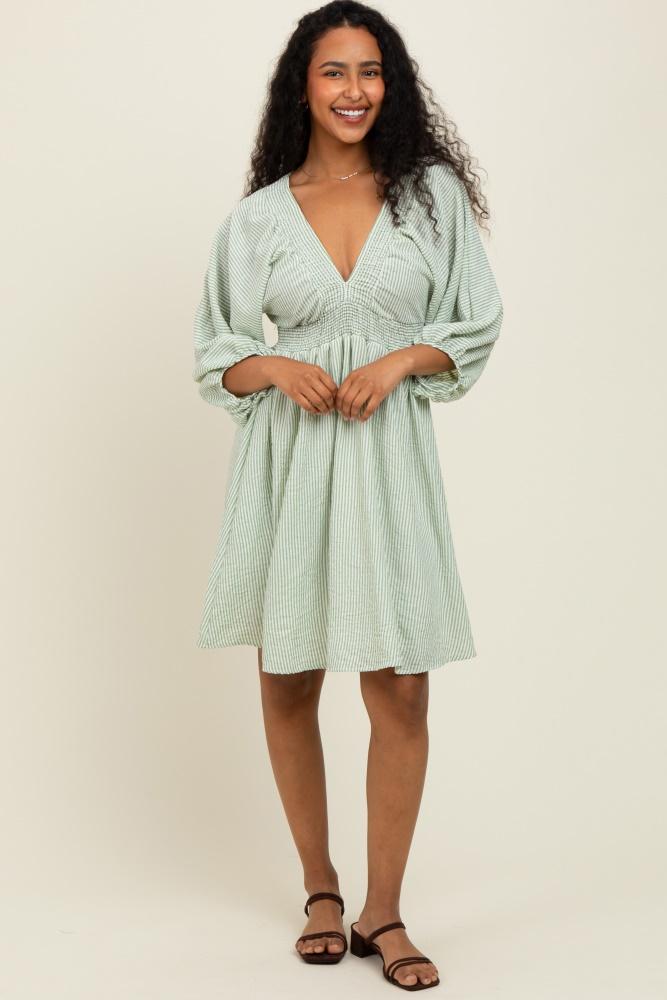 sage striped balloon sleeve v-neck dress