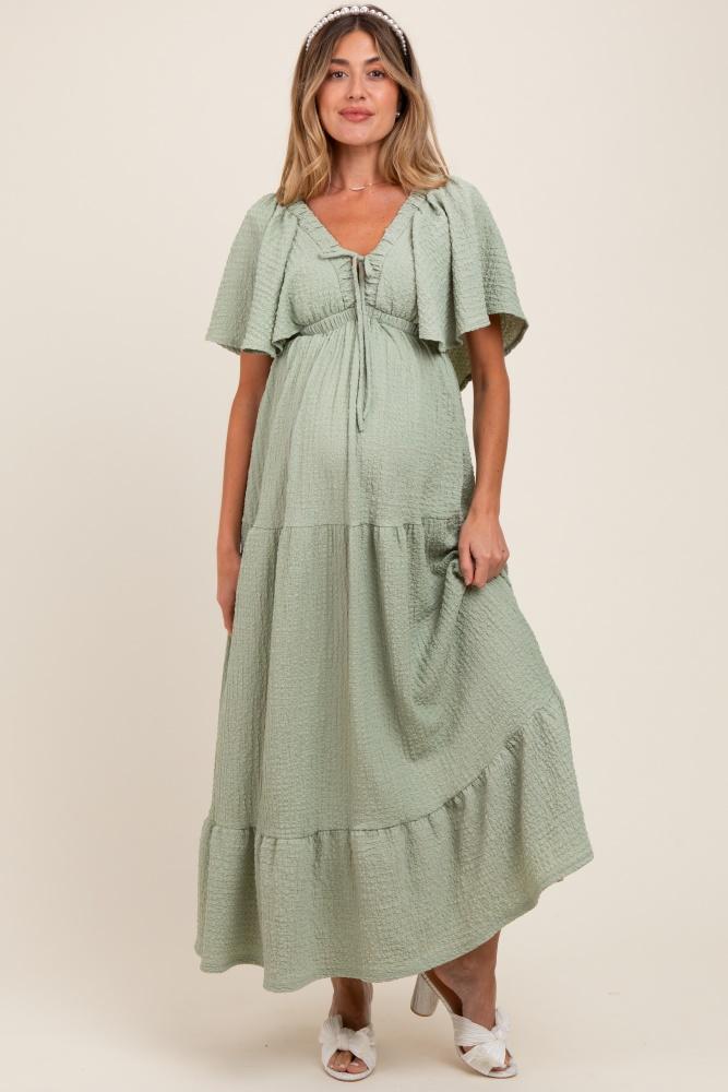 sage woven textured flutter sleeve v-neck tiered maternity maxi dress