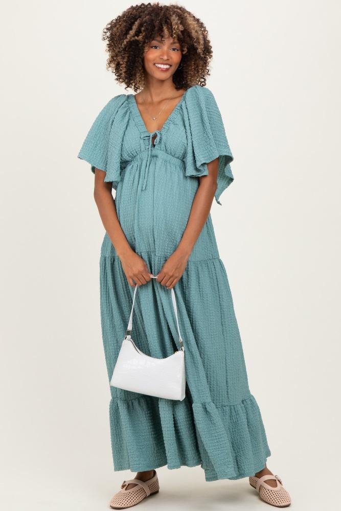 sage woven textured flutter sleeve v-neck tiered maternity maxi dress