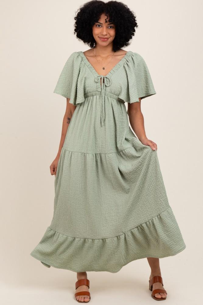 sage woven textured flutter sleeve v-neck tiered maxi dress