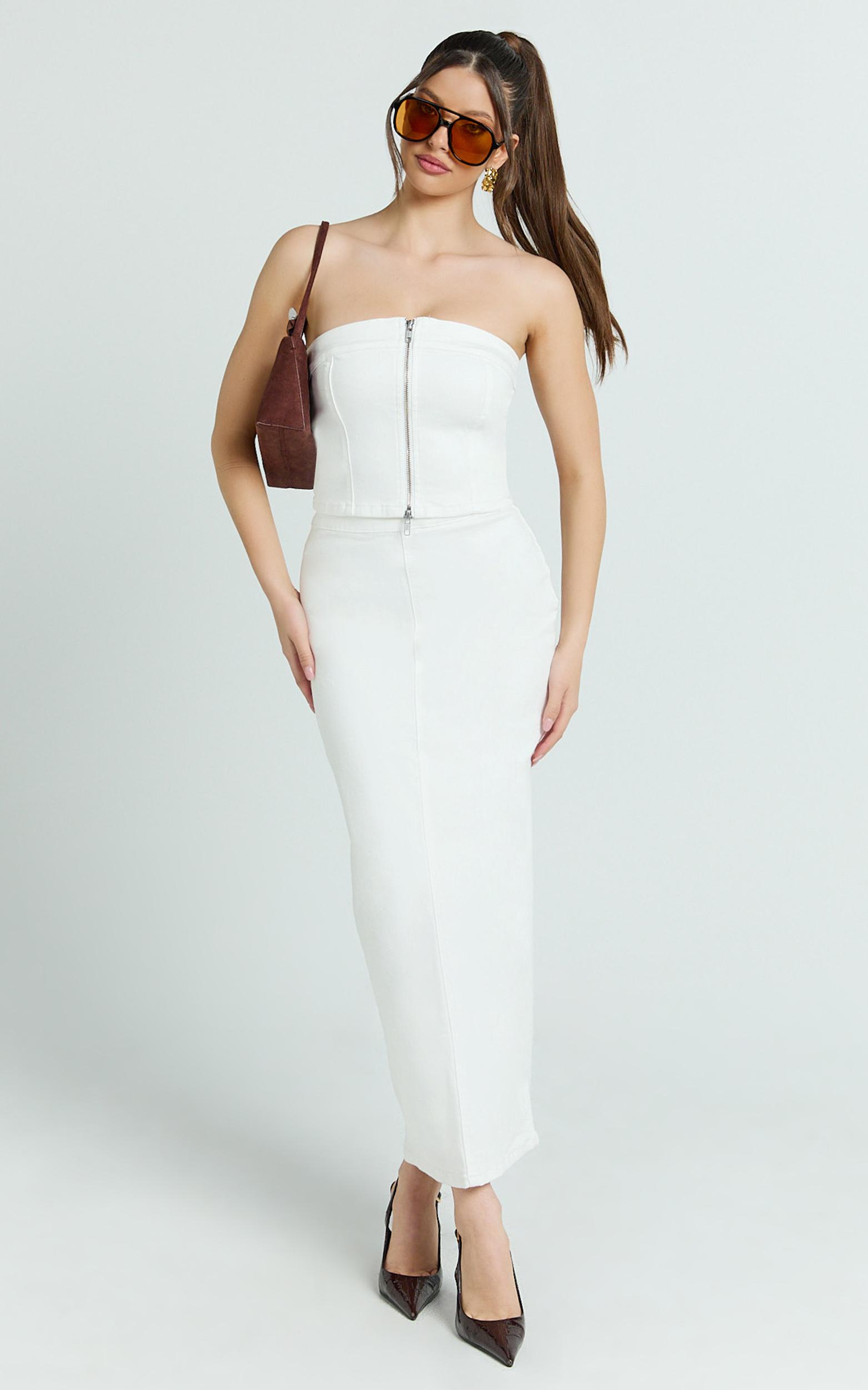 sahara maxi skirt - mid waist denim maxi skirt in ecru