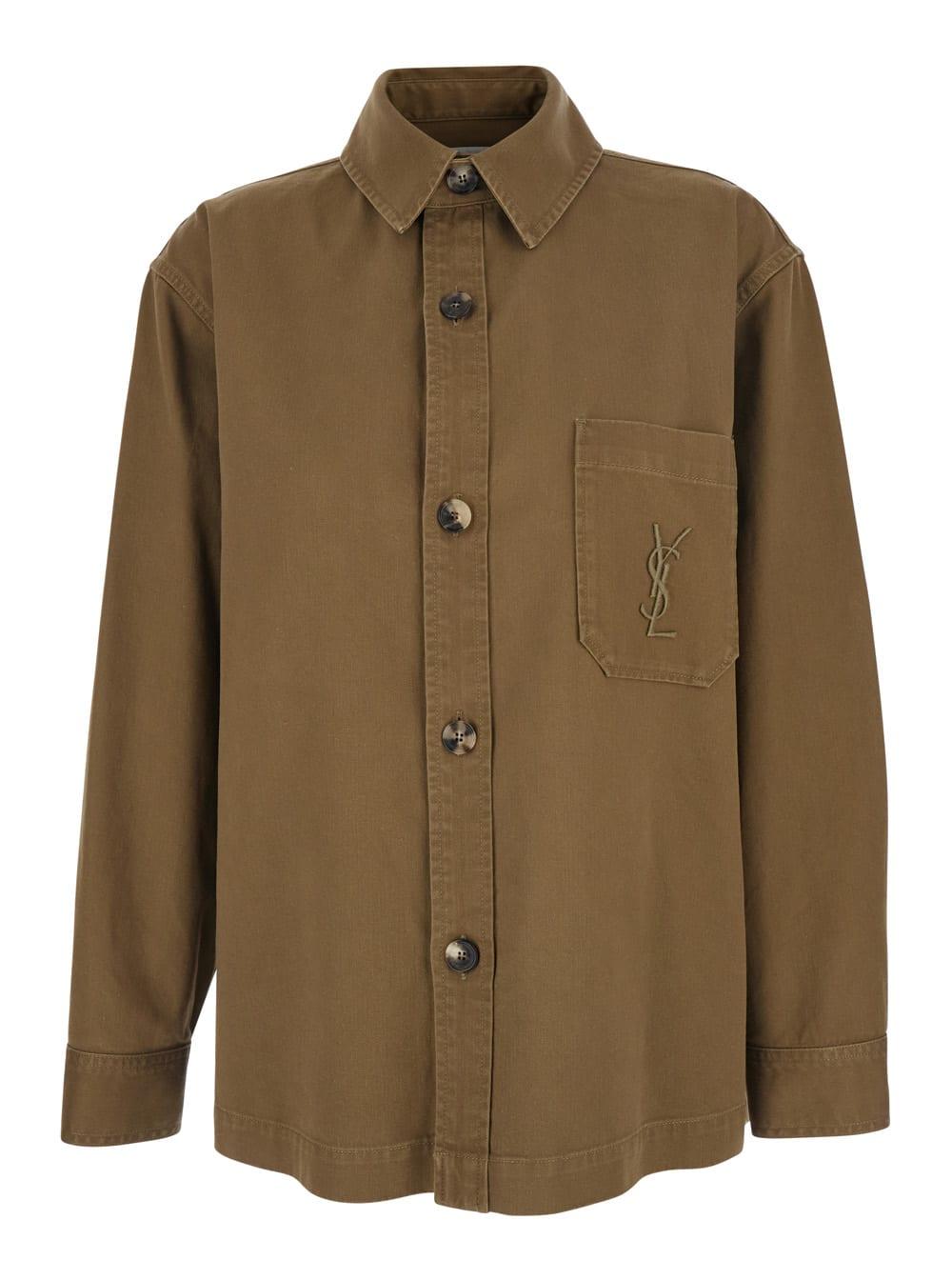 saint laurent beige shirt with classic collar and cassandre logo embroidered on the front in cotton and linen gabardine woman