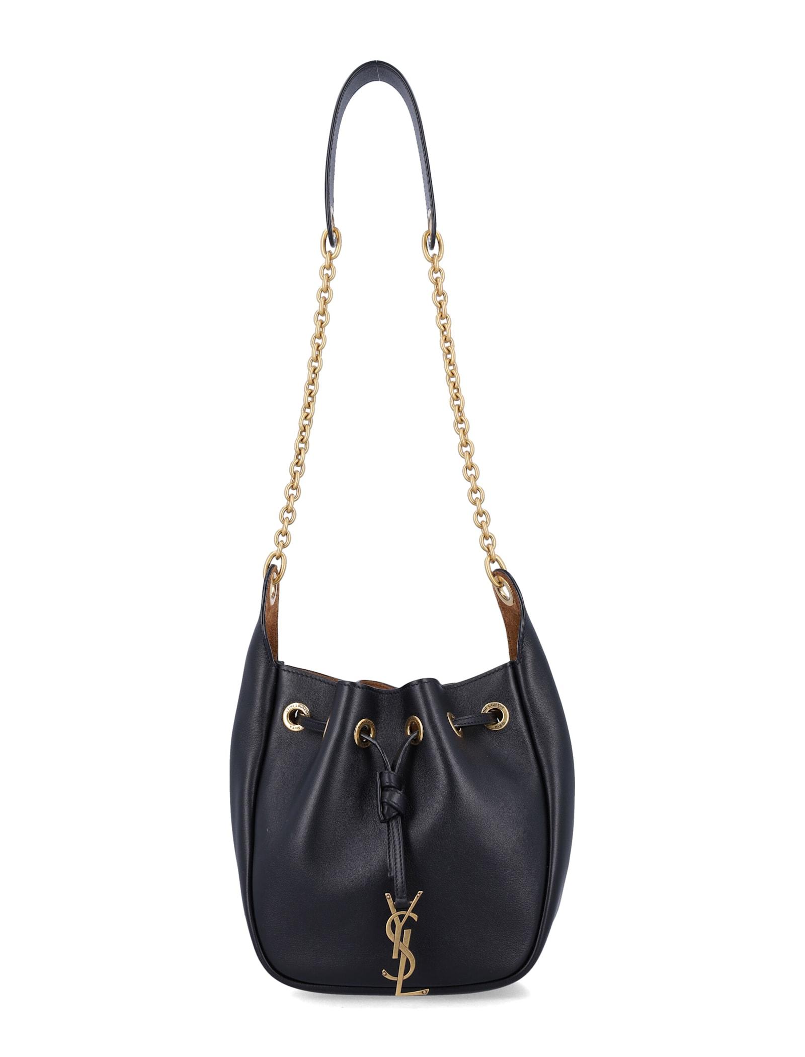 saint laurent black leather supple bucket bag with chain