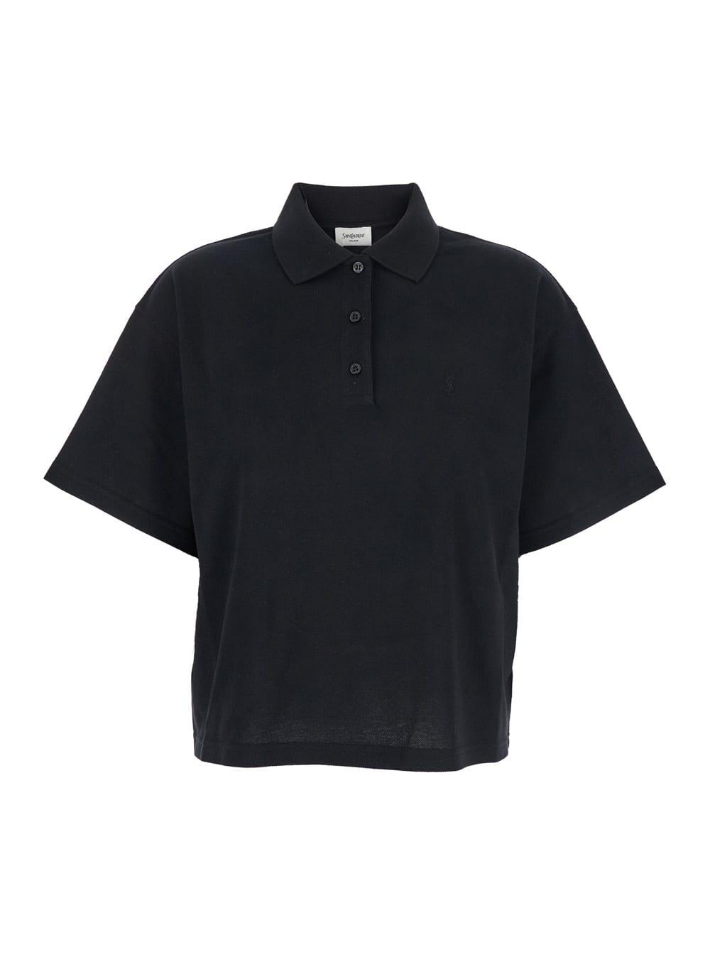 saint laurent black oversize polo shirt with classic collar and tonal logo embroidery on the front in cotton piquet woman