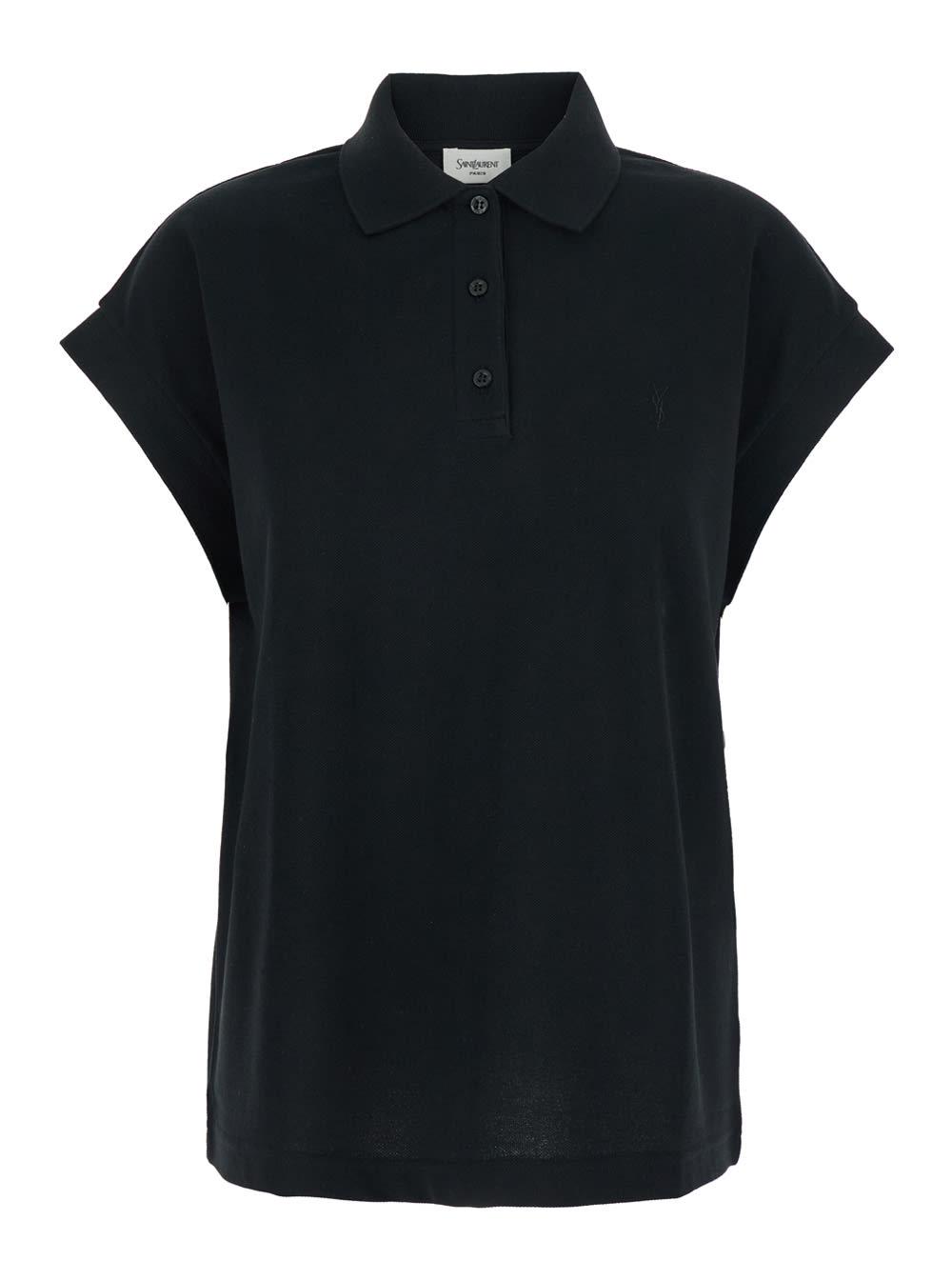saint laurent black sleeveless polo shirt with classic collar and cassandre embroidery on the front in cotton woman