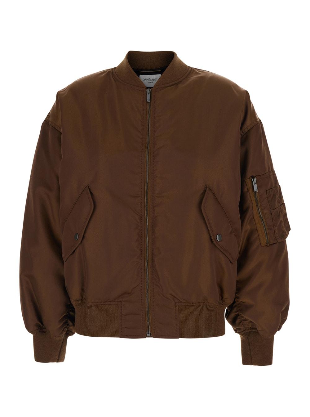 saint laurent brown bomber jacket with dropped shoulder anf pocket on the sleeve in tech fabric woman
