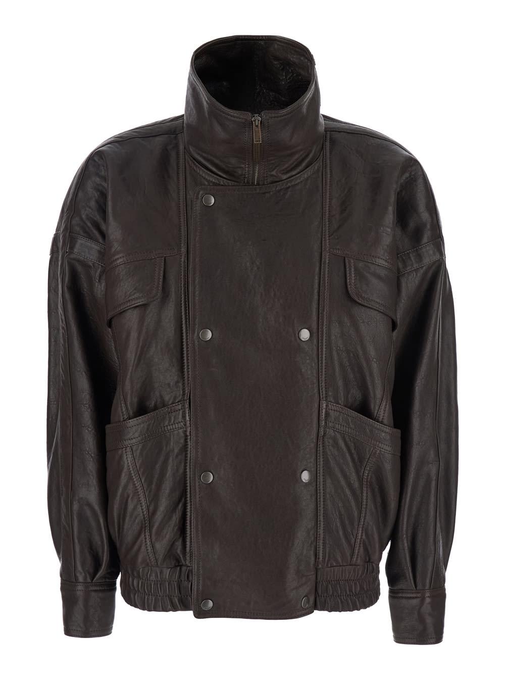 saint laurent brown bomber jacket with mandarin collar and elastic waist in leather woman