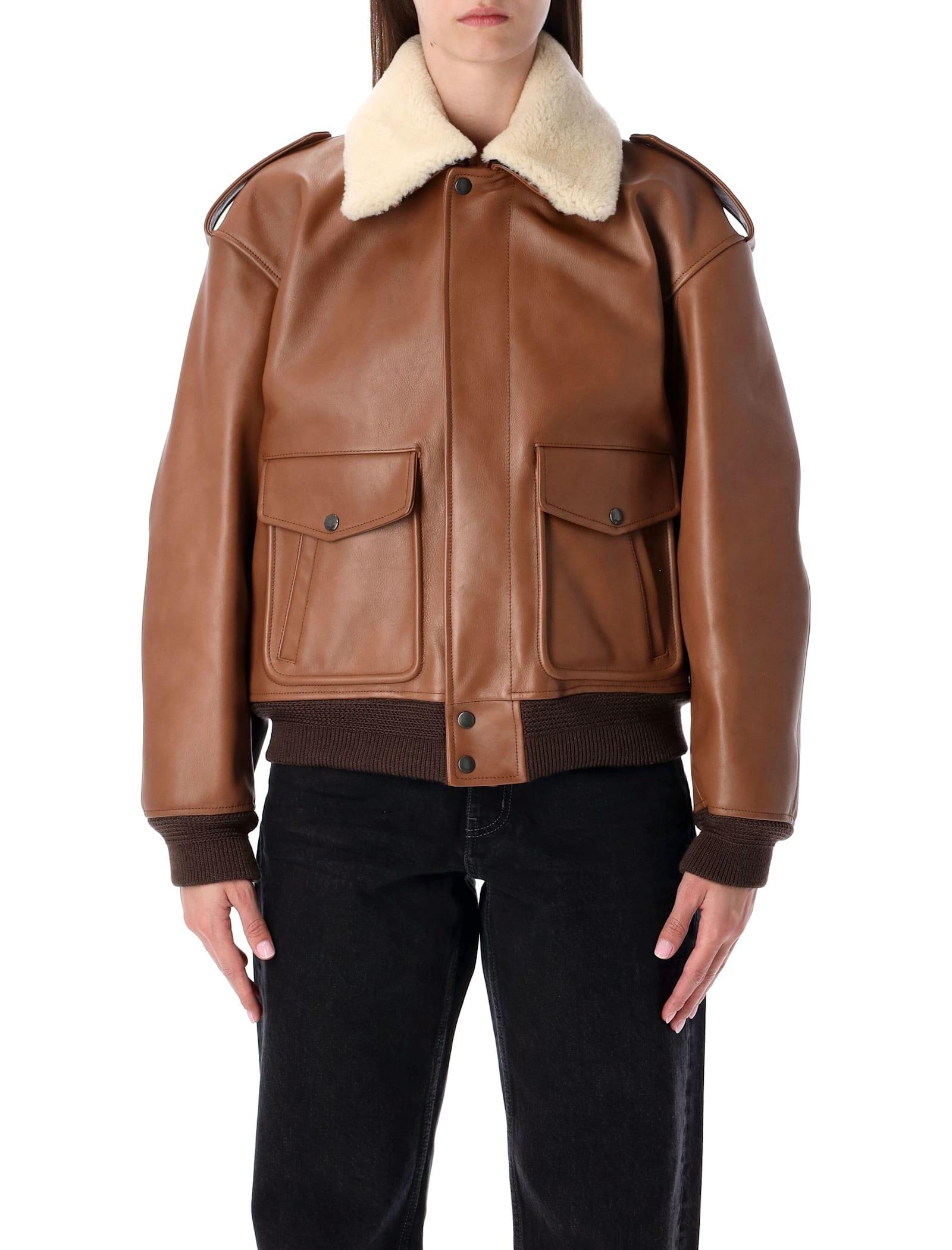 saint laurent brown leather bomber jacket with shearling collar