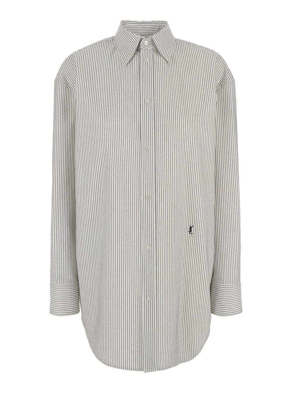 saint laurent grey shirt with cassandre embroidery and all-over striped motif in cotton woman