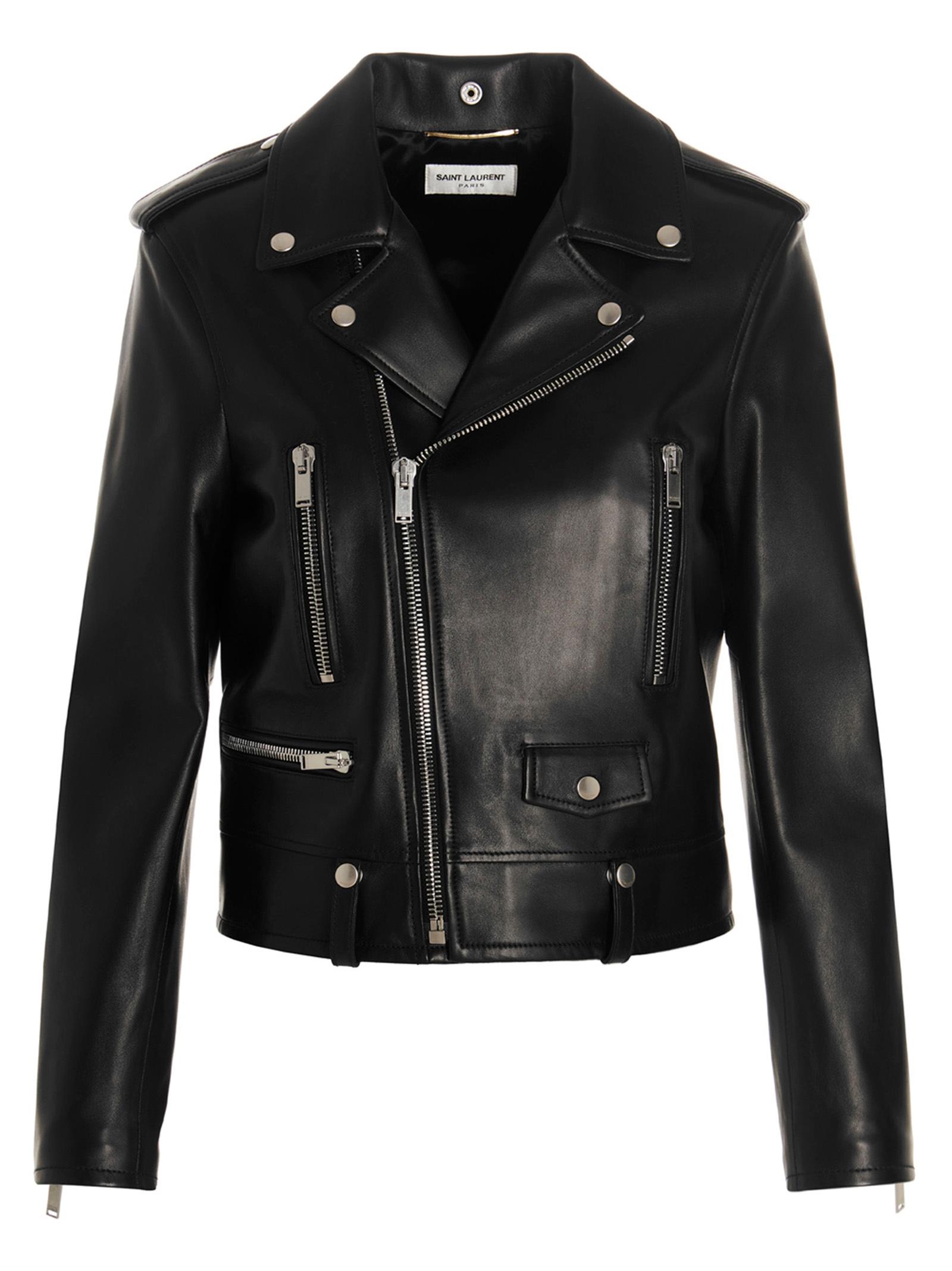 saint laurent motorcycle biker jacket black lambskin down jacket, parka, casual - women