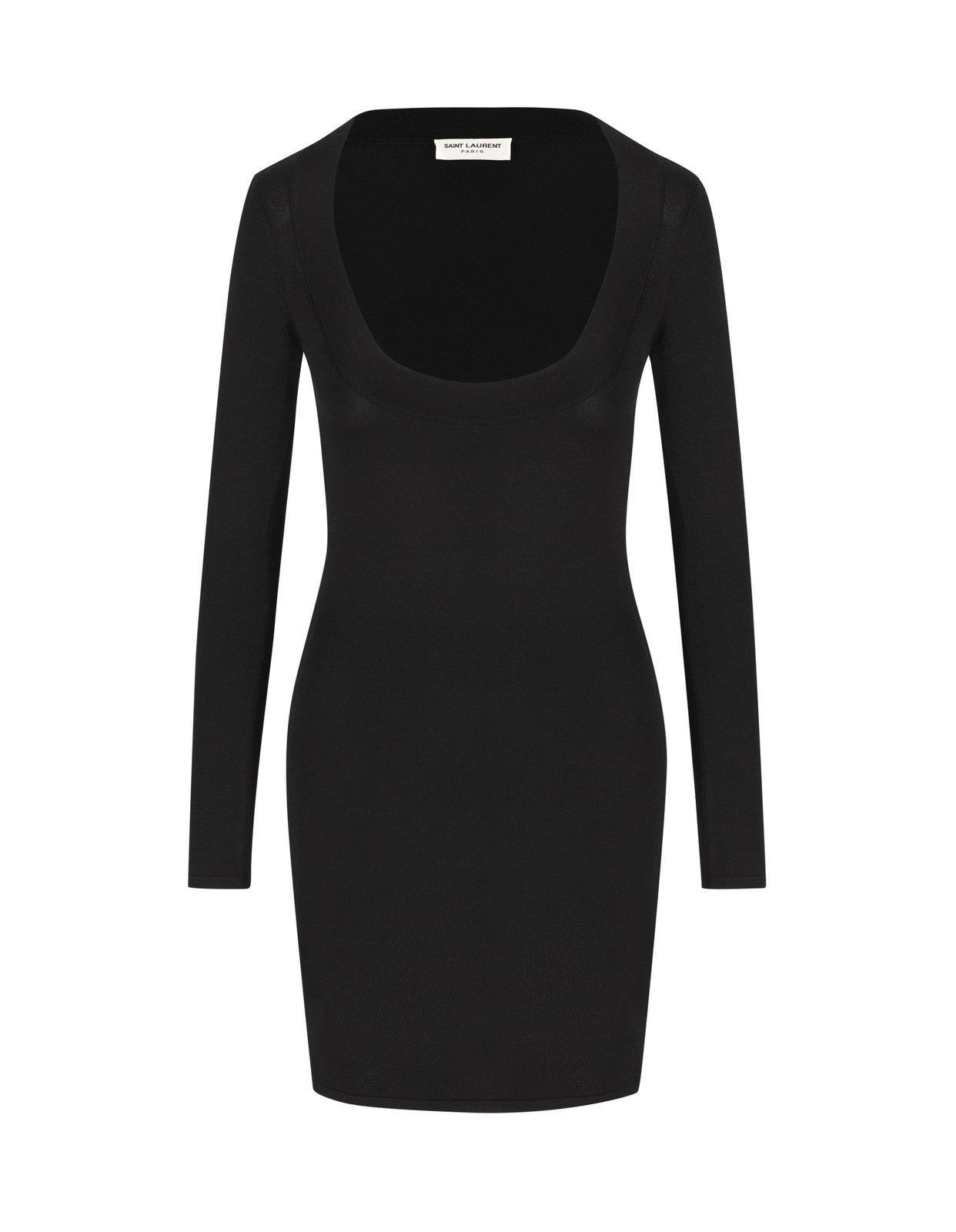 saint laurent plunging round neck long-sleeved dress