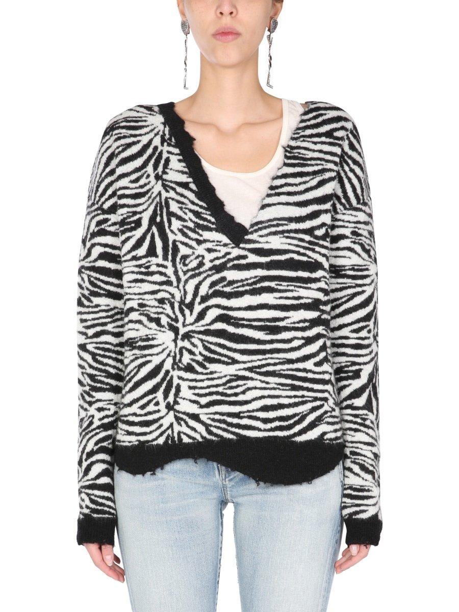 saint laurent zebra patterned v-neck sweater