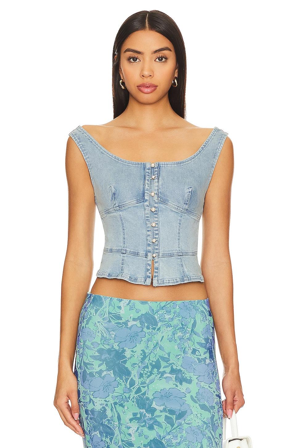 sally denim corset top in daylight sky combo