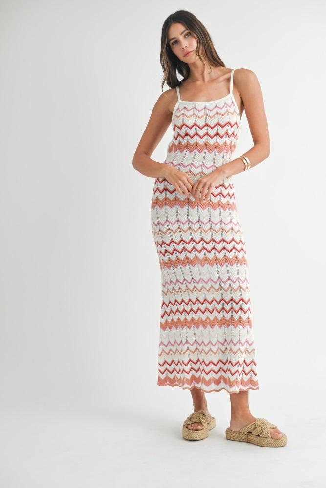 salmon pointelle chevron knit open back midi dress