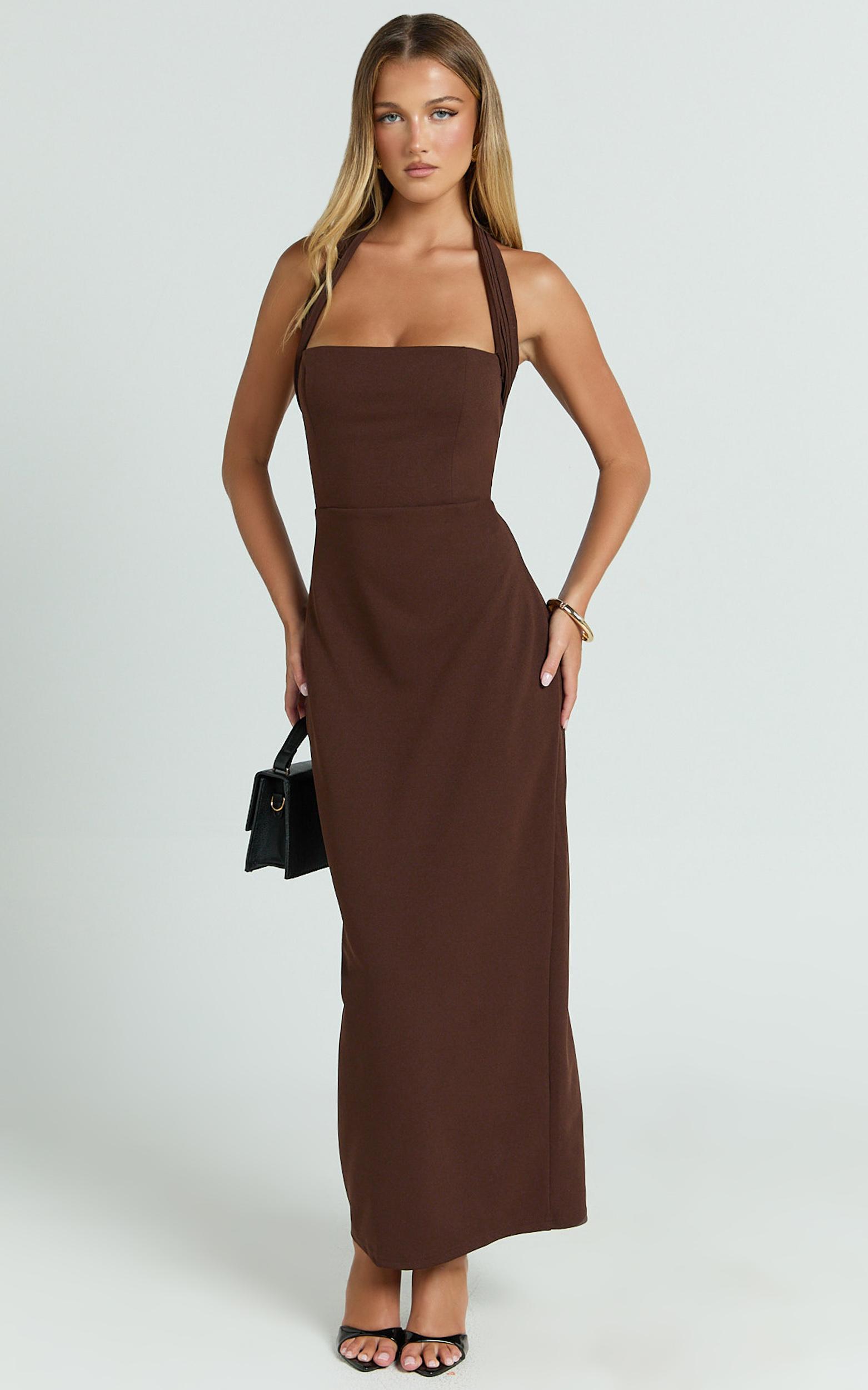 salome midi dress - halter neck column dress in chocolate