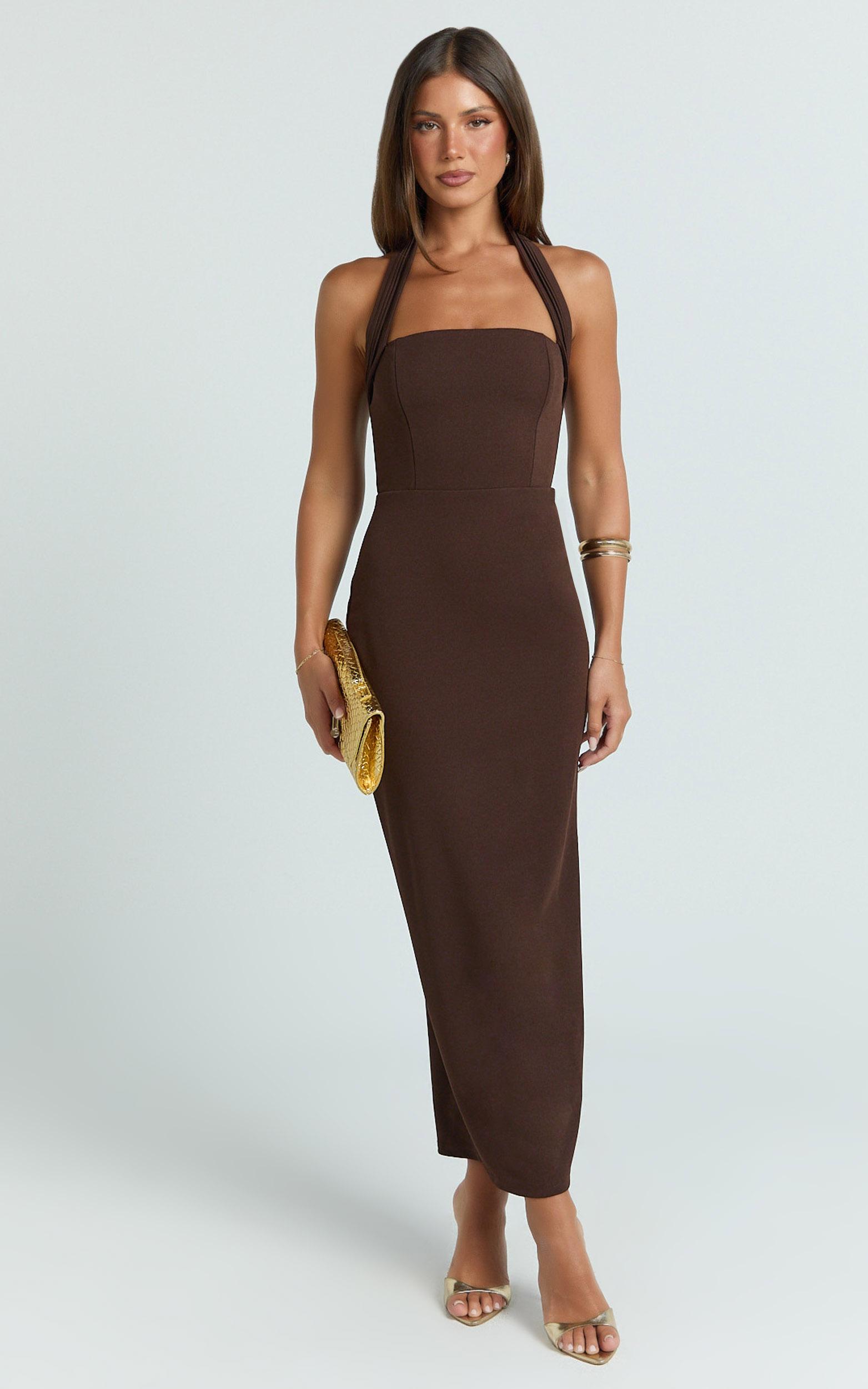 salome midi dress - halter neck column dress in dark chocolate