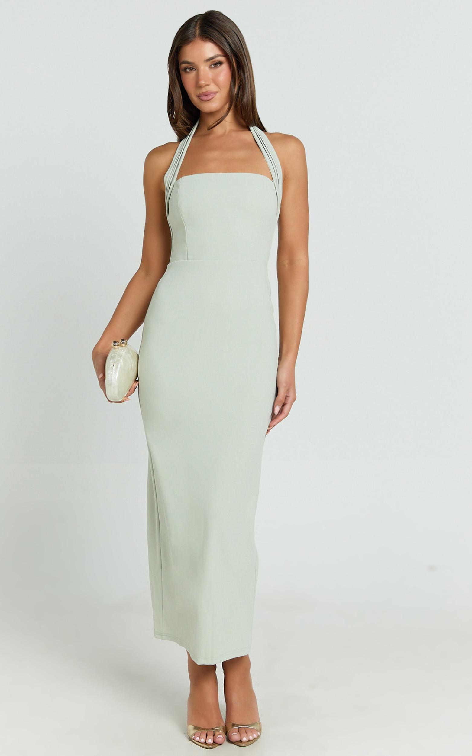 salome midi dress - halter neck column dress in sage