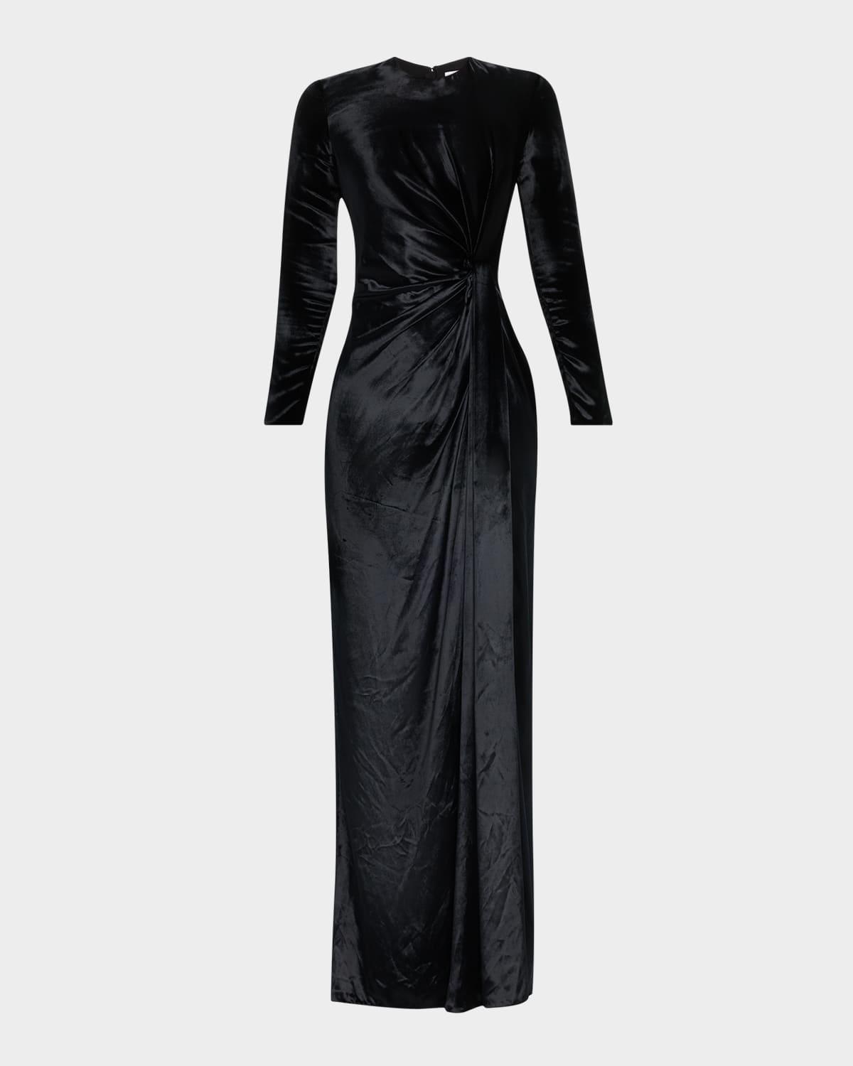 salome ruched velvet slit gown