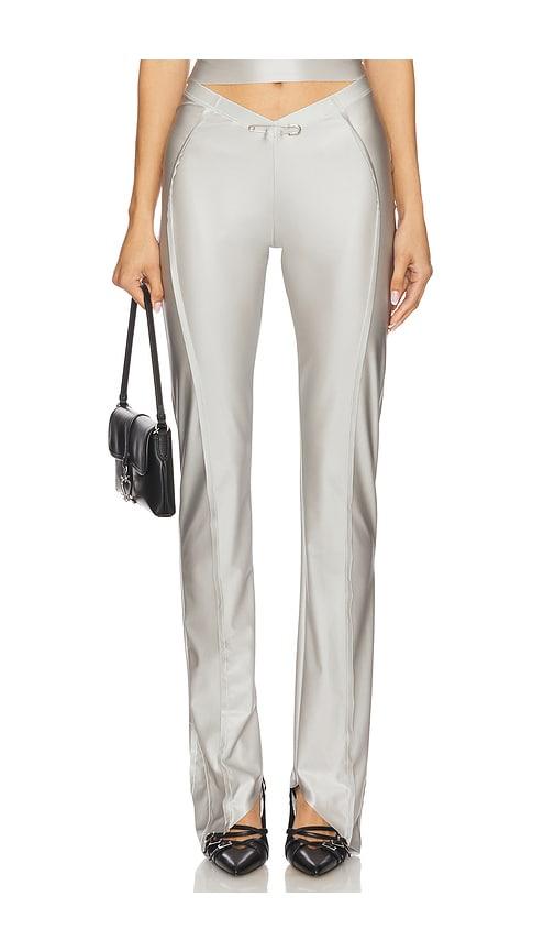 sami miro vintage asymmetric pant in metallic silver, grey.