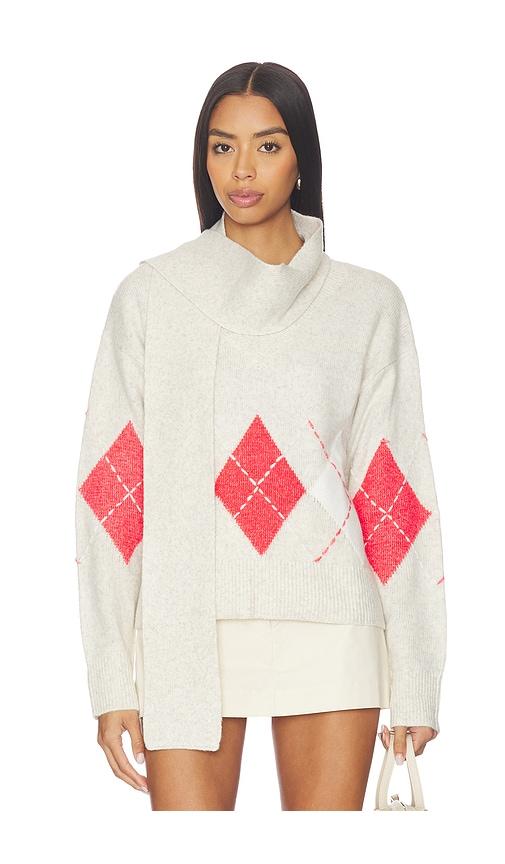 sanctuary argyle scarf sweater in light grey, coral.
