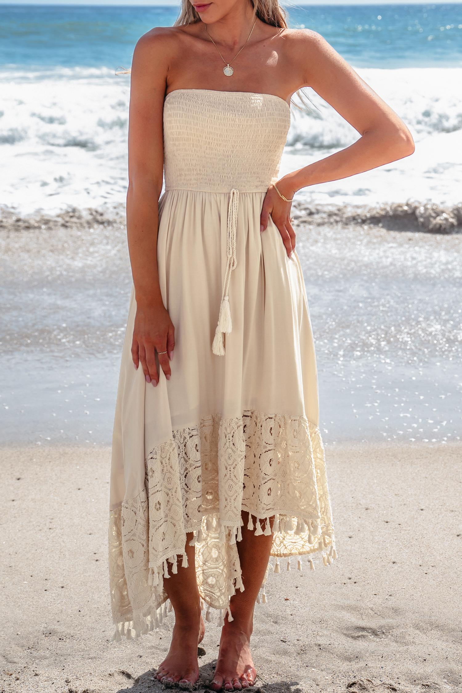 sand smocked tassel tie tube dress - l