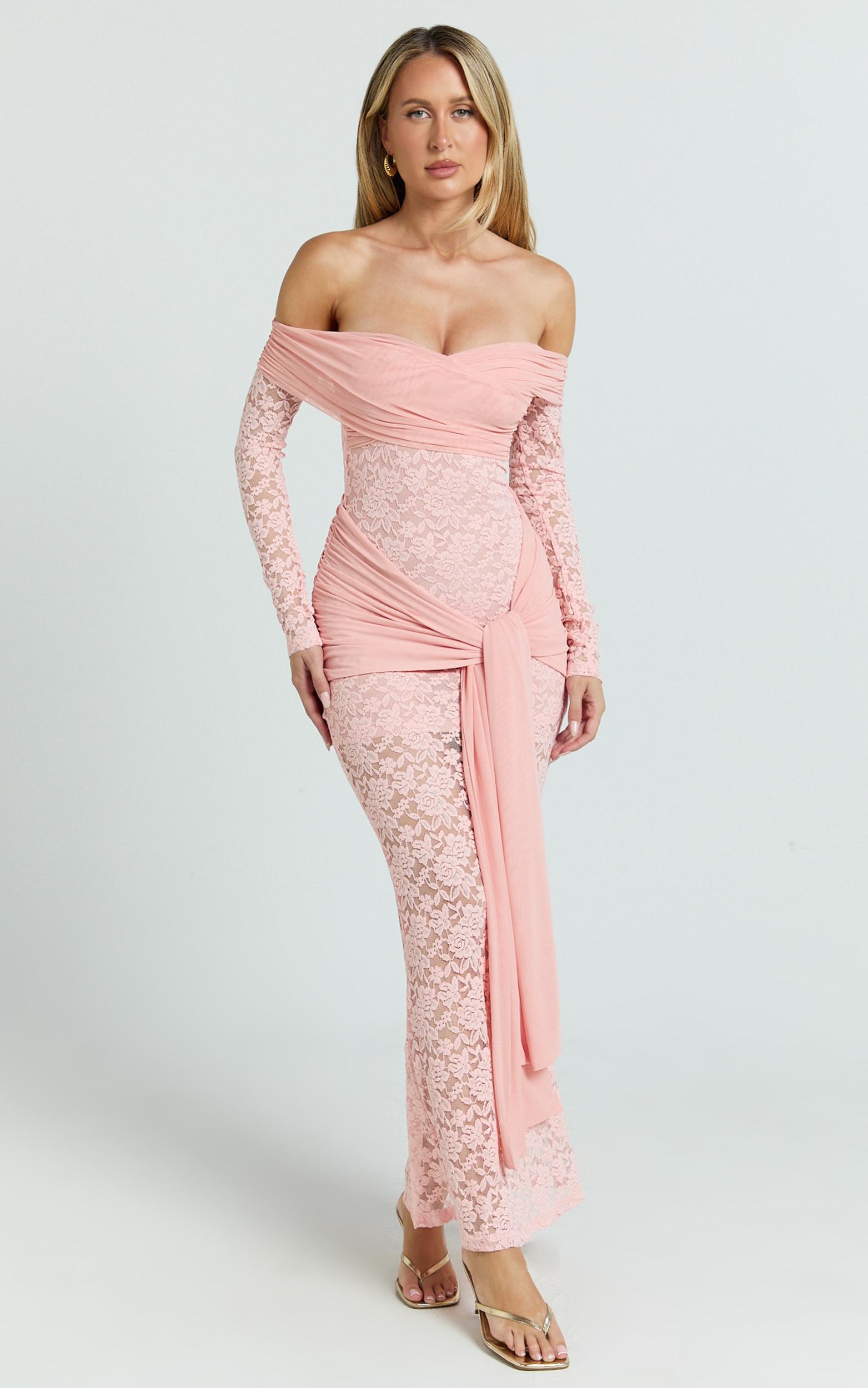 sandra midi dress - off the shoulder sash bodycon dress in pink