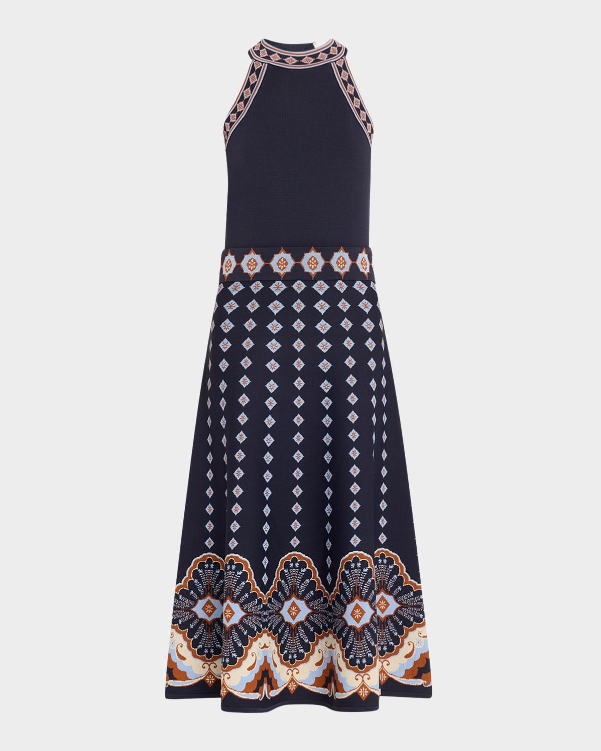 sandrinna mock-neck jacquard flare midi dress