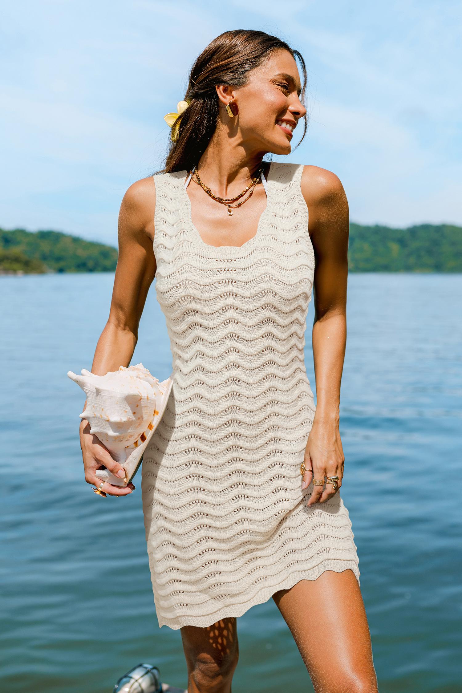 sandy waves beige cover-up mini dress - l