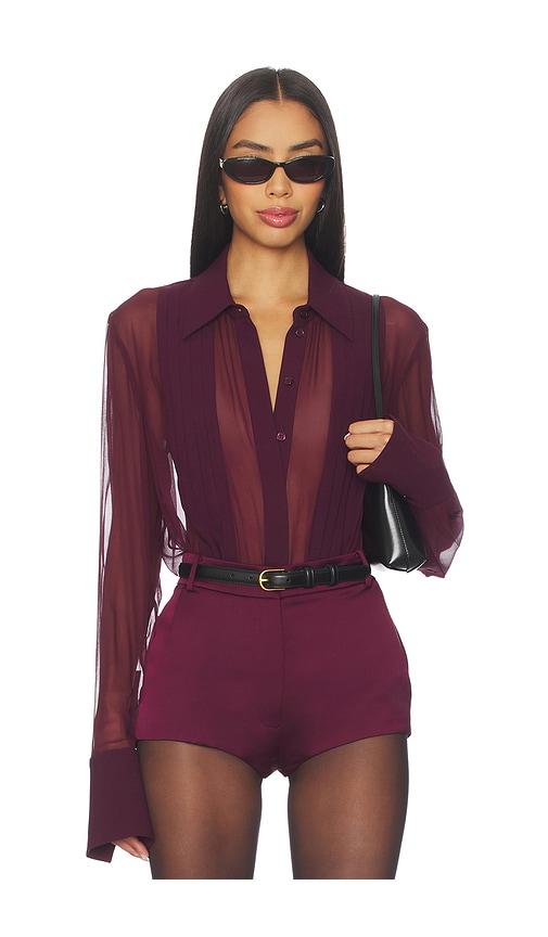sans faff meghan panelled silk blouse in burgundy.