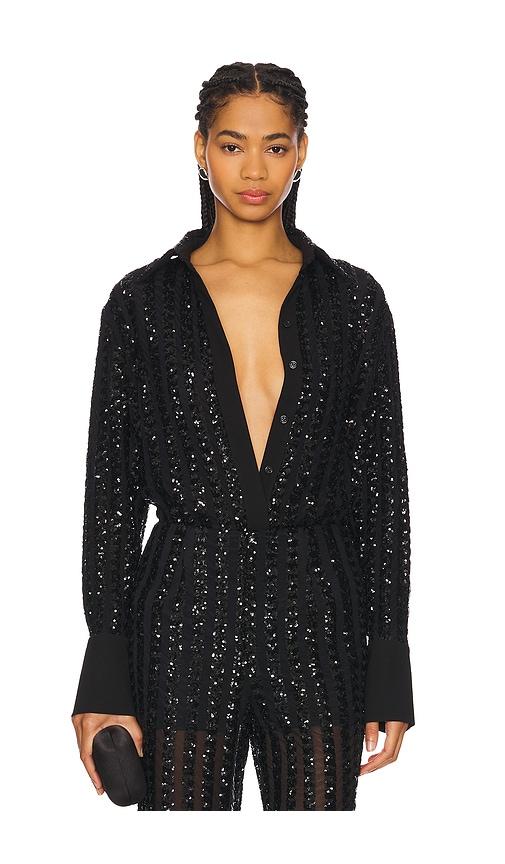 sans faff striped sequin long sleeve blouse in black.