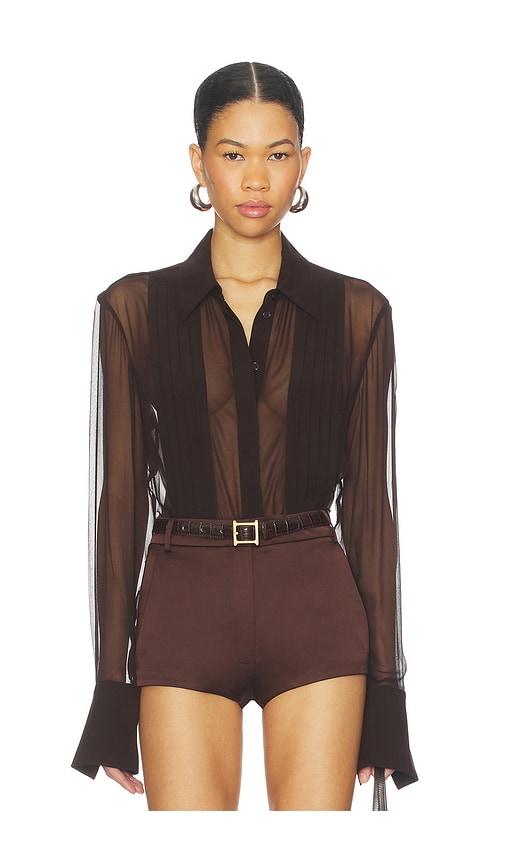 sans faff x revolve x revolve meghan panelled silk blouse in chocolate.