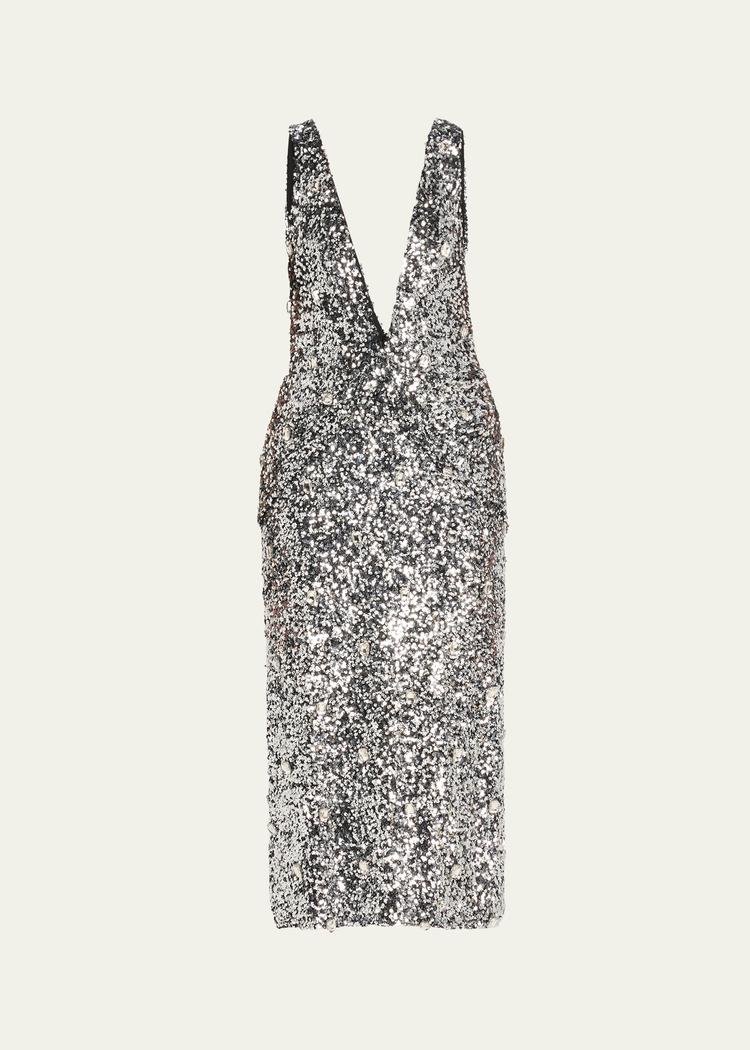 santha plunging draped sequin midi dress