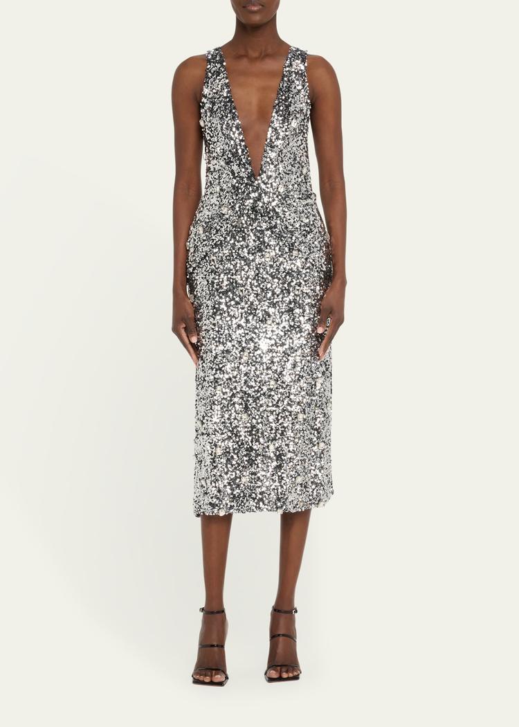 santha plunging draped sequin midi dress