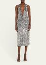 santha plunging draped sequin midi dress