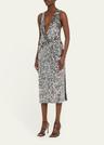 santha plunging draped sequin midi dress