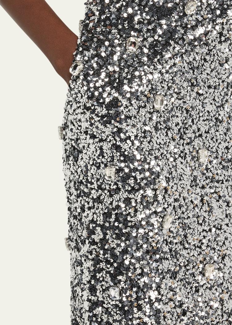 santha plunging draped sequin midi dress
