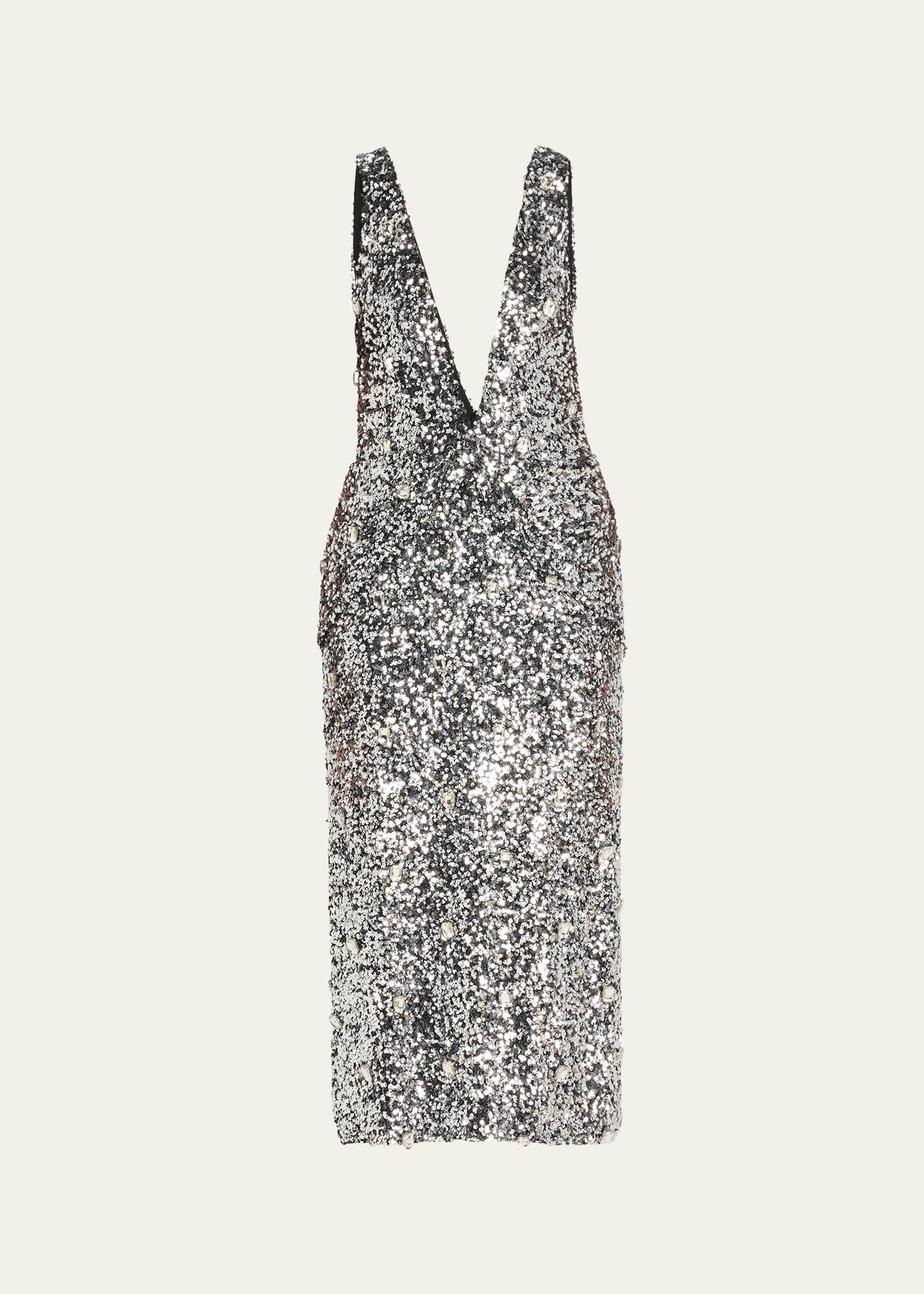 santha plunging draped sequin midi dress
