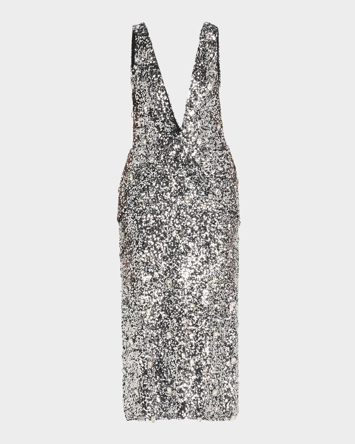 santha plunging draped sequin midi dress