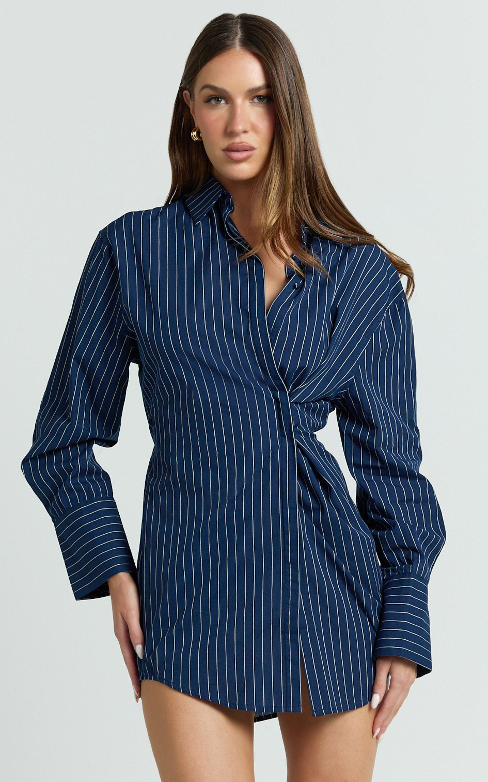 sanya mini dress - cinched waist stripe dress in navy pinstripe