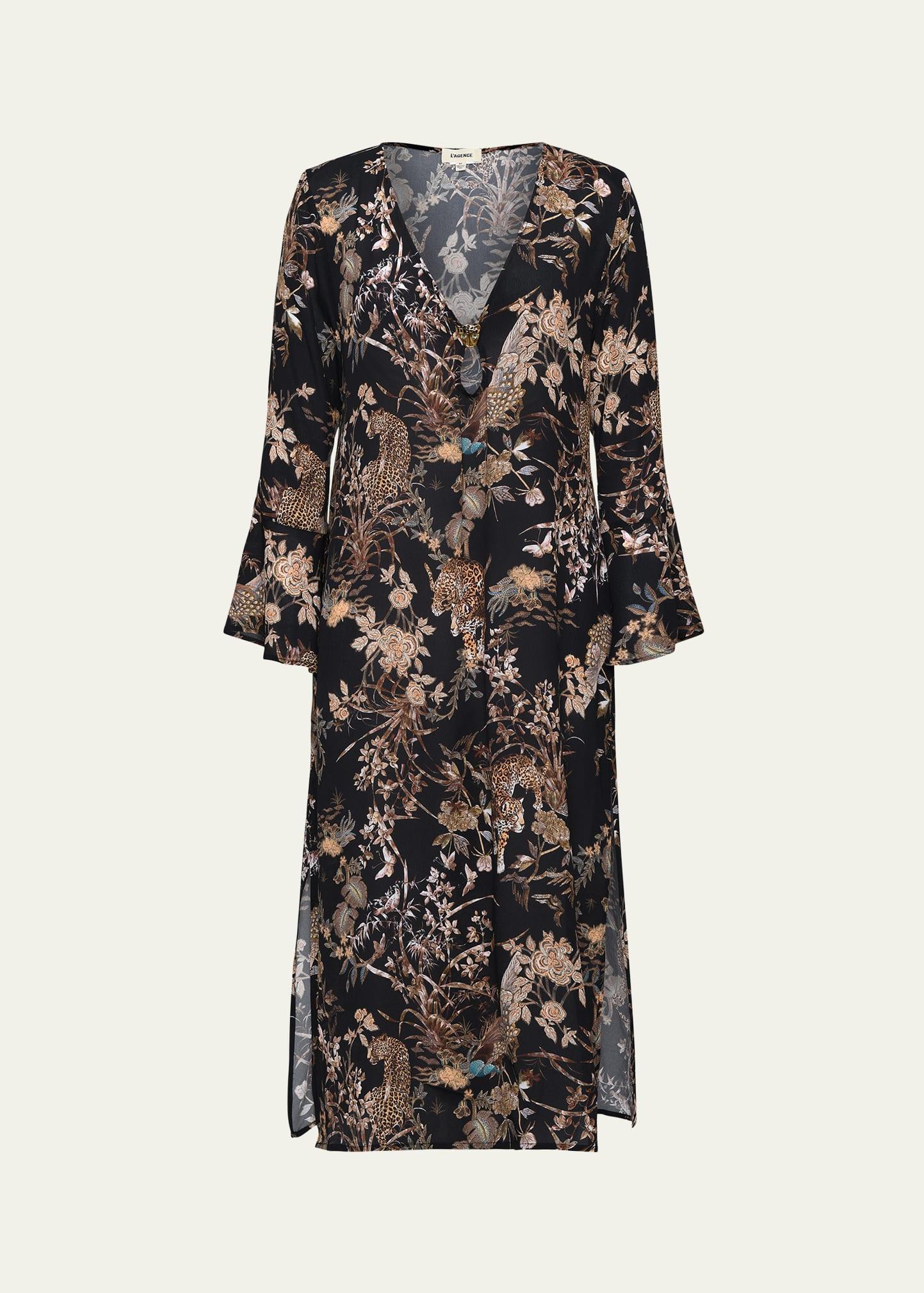 sara jungle sheer chiffon long-sleeve maxi dress