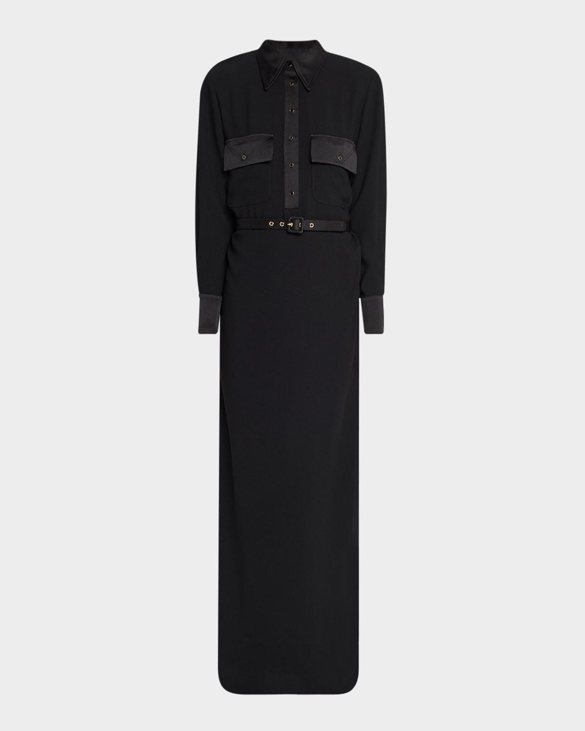 satin-back belted crepe maxi shirtdress