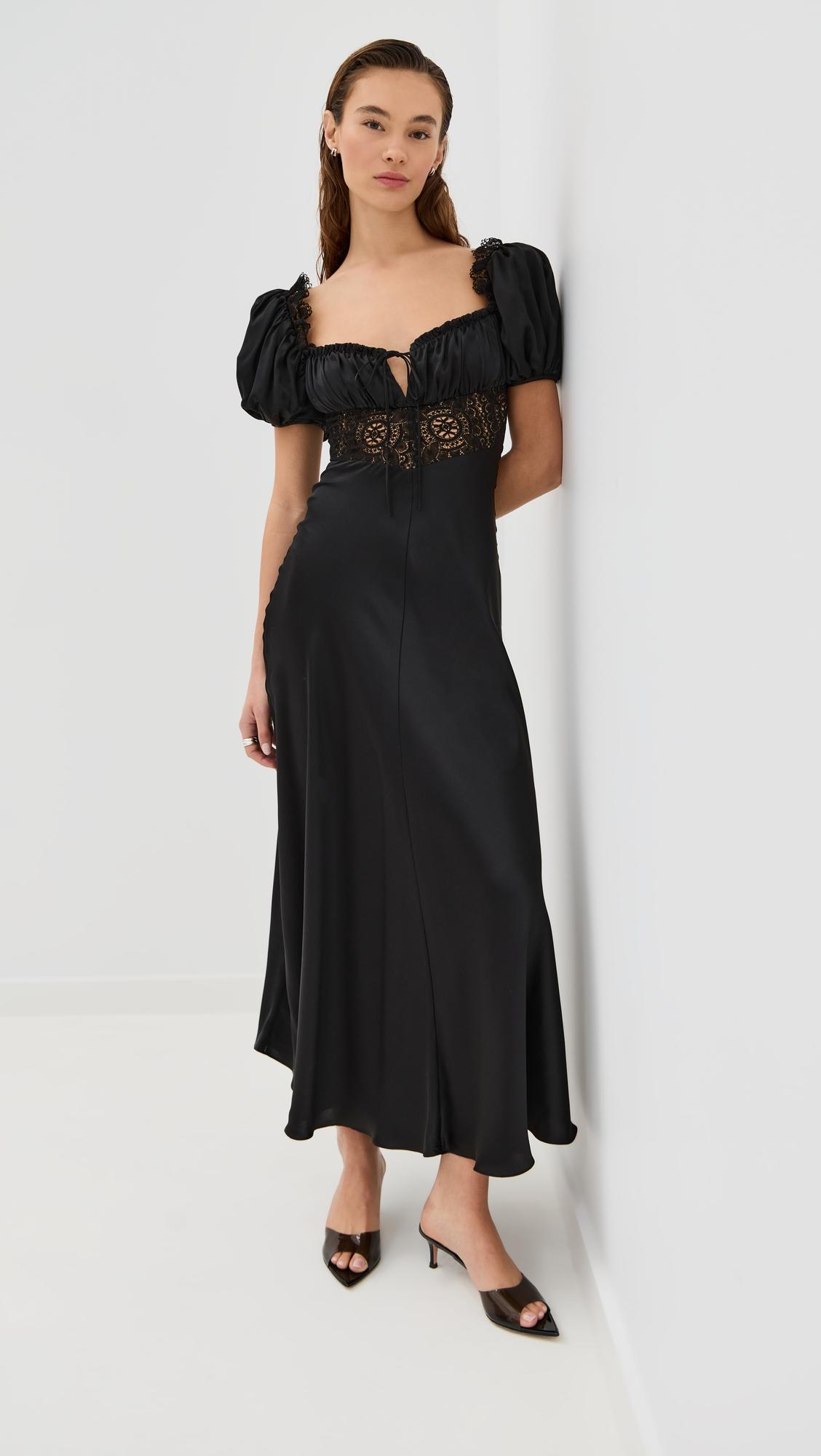 satin bias dress with gathered bust and black lace detail