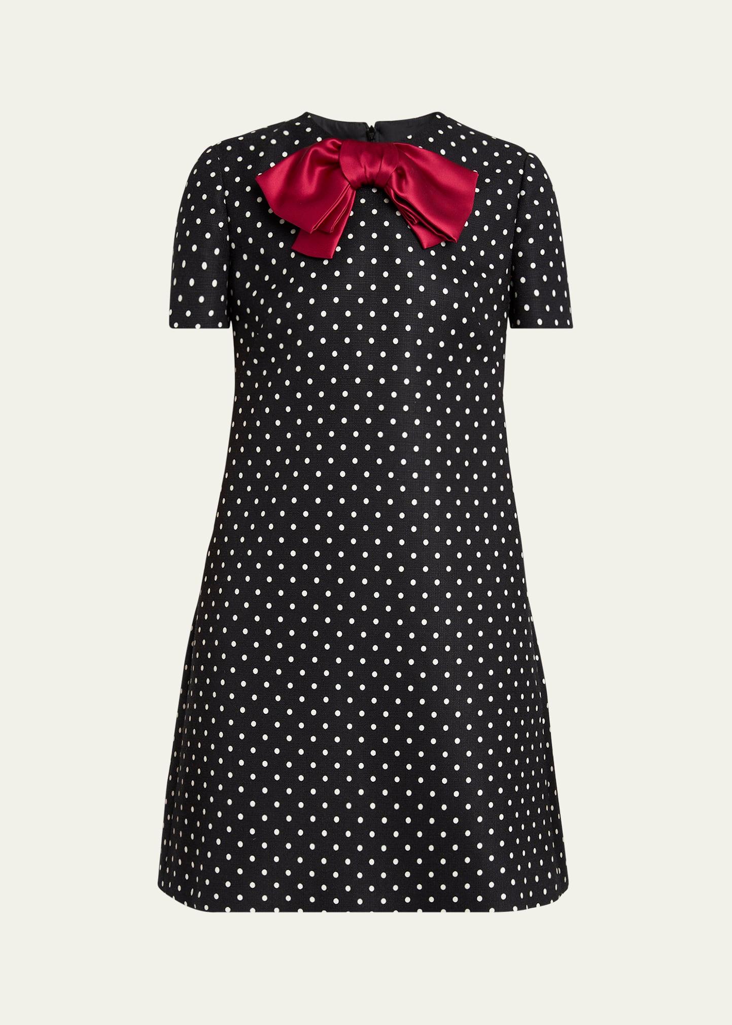satin bow polka dot shift mini dress