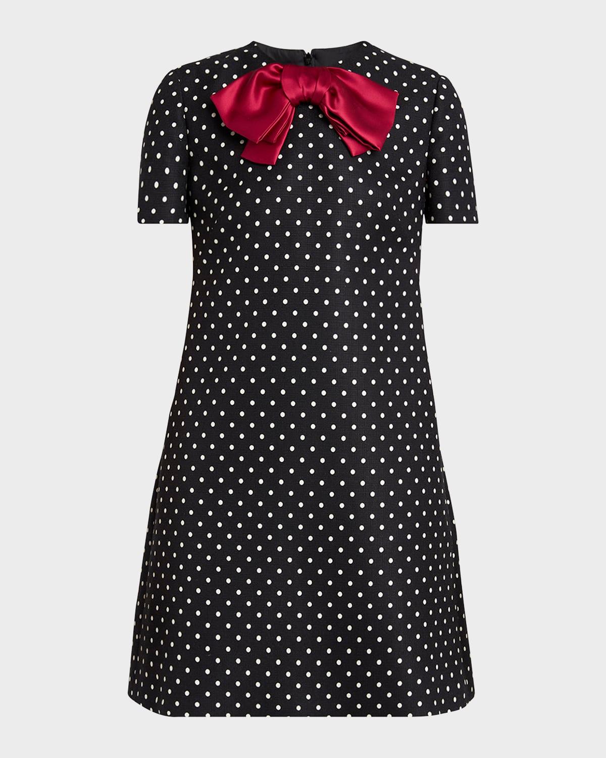 satin bow polka dot shift mini dress