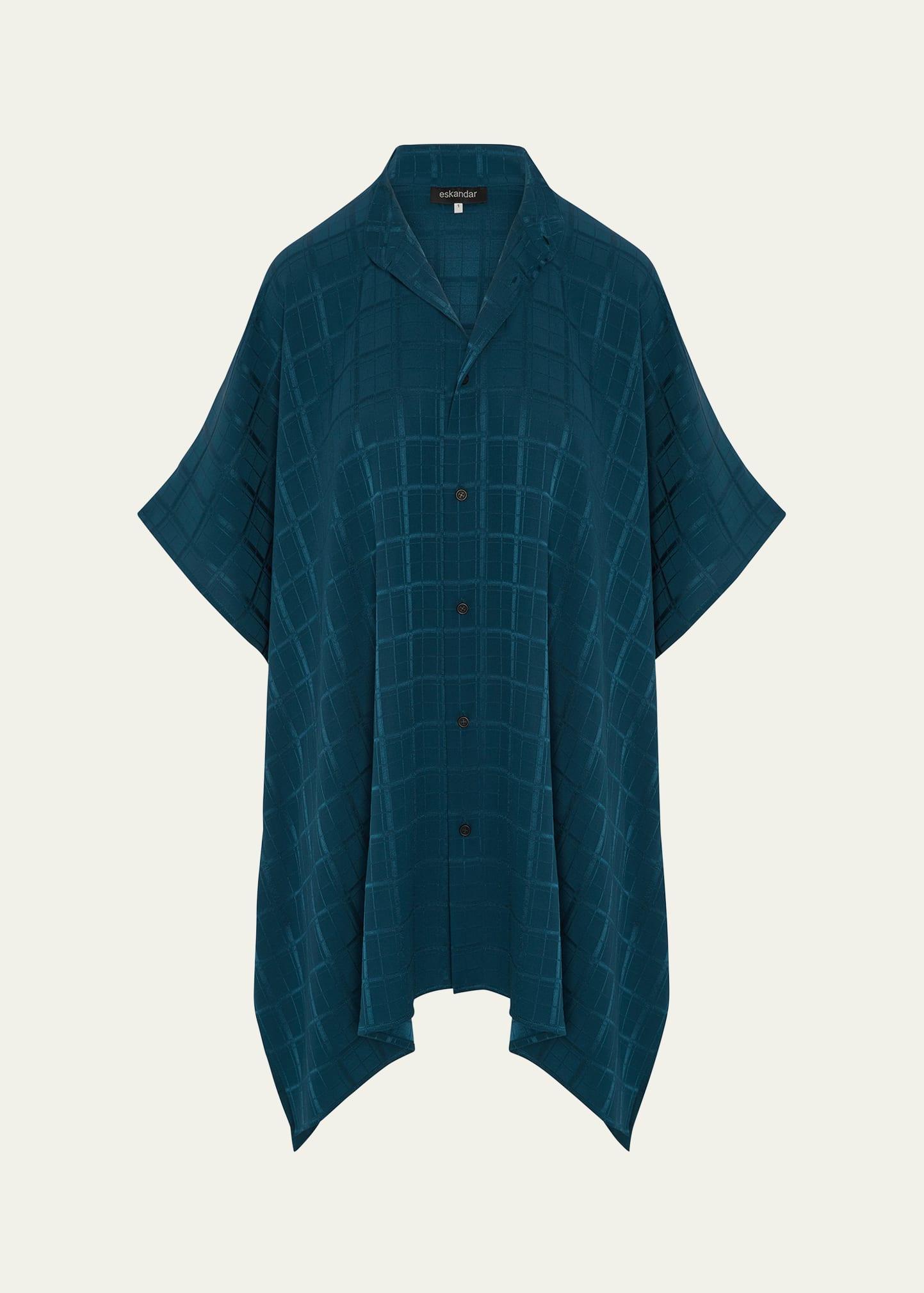 satin box check jacquard collarless longer-back kaftan shirt (long plus length)