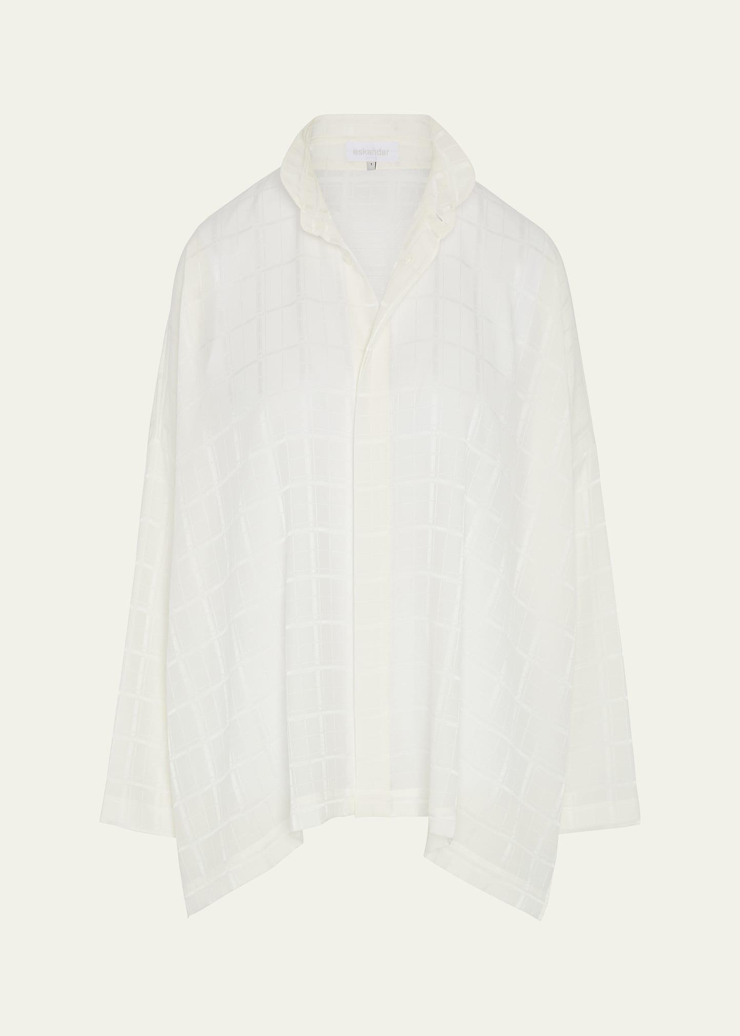 satin box check jacquard wide longer-back double-stand collar shirt (mid plus length)