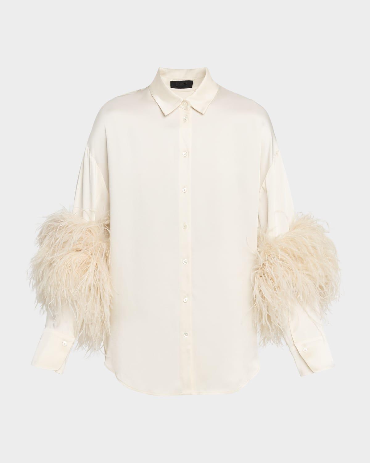 satin button-down blouse with feather trim