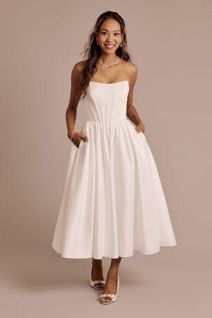 satin corset bodice tea-length dress