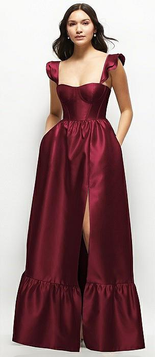 satin corset maxi dress with ruffle straps & skirt