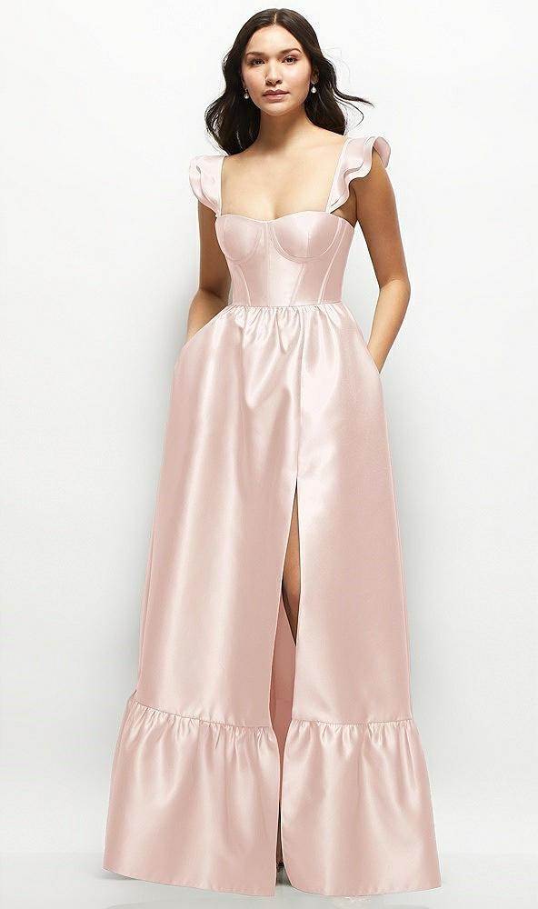 satin corset maxi dress with ruffle straps & skirt